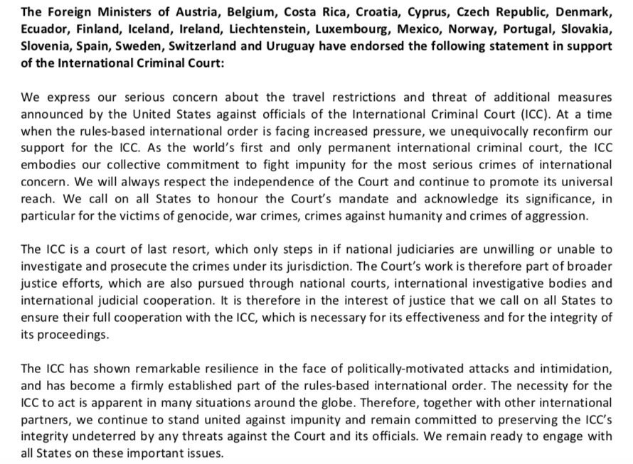 بیانیه وزاری خارجه ۲۲ کشور جهان در حمایت از «دیوان کیفری بین المللی»